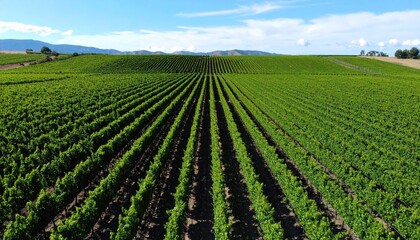 Aerial View of Lush Green Vineyard Rows under a Sunny Sky