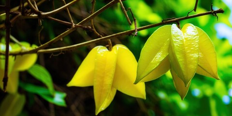 Bright yellow star fruits grow on a tree branch against a blurred green background.
