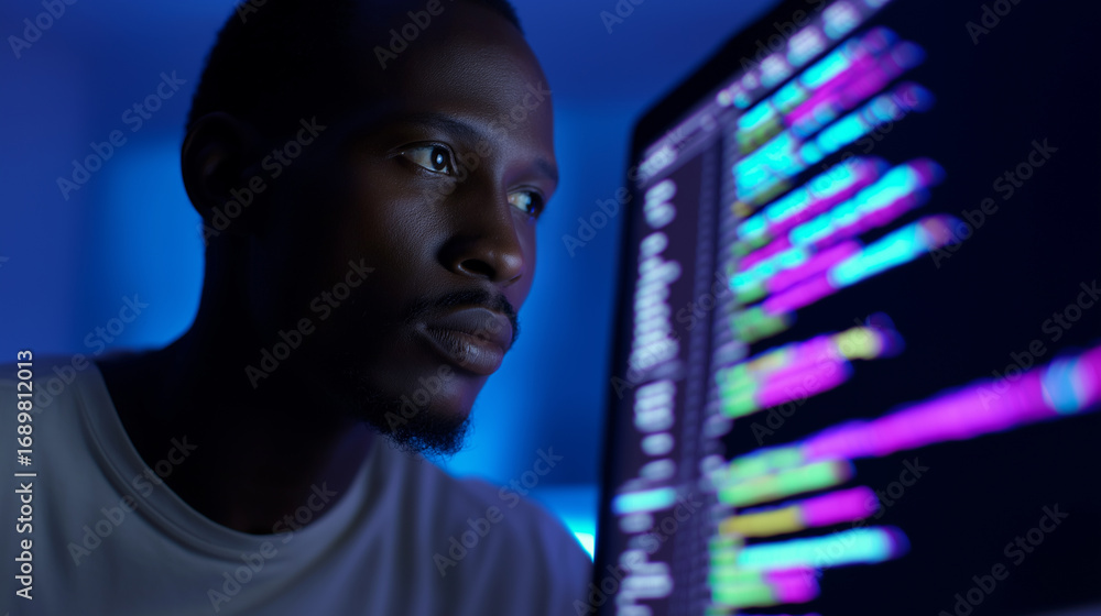 Poster young man intently looking at computer screen displaying colorful programming code in a dark environ