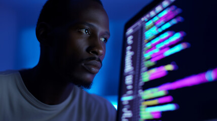 Young man intently looking at computer screen displaying colorful programming code in a dark environment.  
