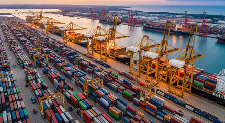 Aerial View of a Bustling Container Port at Sunset: Global Trade and Logistics in Action