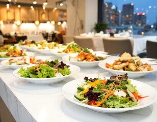 Buffet-style salads on a marble counter