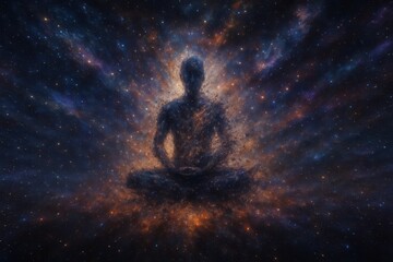 Cosmic meditation: A human silhouette, composed of stars and galaxies, sits in a serene lotus position amidst a vast, glowing universe, symbolizing spiritual enlightenment and universal connection.