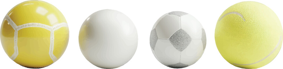 Four sports balls including tennis soccer and white balls