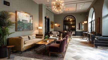 Boutique hotel lobby with stylish touches
