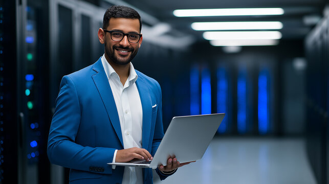 Confident man in blue suit holding a laptop and smiling inside a high-tech server room.  
