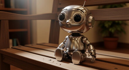 Adorable Metal Robot Sitting on Wooden Bench,  Indoor Setting, 3D Rendered Image