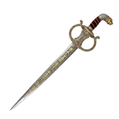 Exquisite jeweled ceremonial sword with ornate gold detailing and lion head pommel