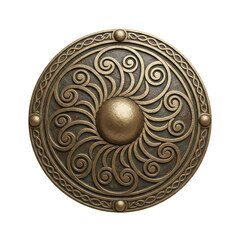 Naklejka premium Intricate ancient bronze shield with swirling Celtic knot design and central boss, a symbol of strength and heritage.