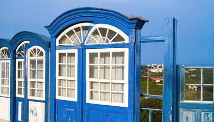 Fototapeta premium Blue and White Vintage Windows with Ocean View