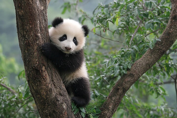 Adorable Panda Cub Climbing Tree, Lush Green Foliage, Captivating Wildlife Portrait.