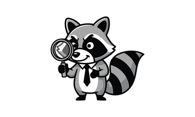 Cute raccoon detective holding magnifying glass investigation concept
