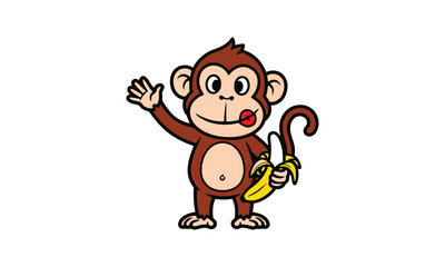 Fototapeta premium Cartoon monkey waving holding banana enjoying snack
