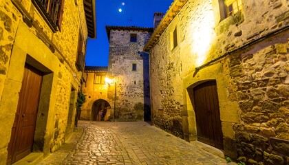 Night scene in a quaint, stone-walled village street, illuminated by soft lamplight