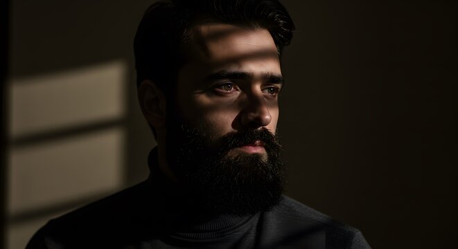 Man with beard in shadows sunlight streaks across face looking away
