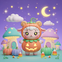 Cute pastel lamb wearing pumpkin costume surrounded by glowing jack-o&rsquo;-lanterns, candy corn, pastel mushroom houses, clouds, moon and stars in dreamy Halloween night, ideal for nursery wall art