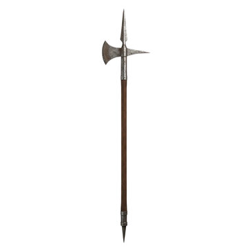 Historic halberd weapon with sharp axe blade and pointed spike on wooden pole