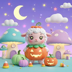 Naklejka premium Kawaii baby sheep in magical mushroom village with pumpkins under moon, ideal for children’s decor 