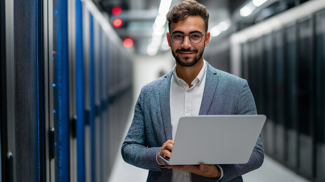 Smiling male technician holding a laptop while standing confidently in a data center with glowing blue servers.  
 - Powered by Adobe