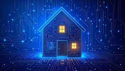 Digital house circuit lines forming a home silhouette with glowing windows, against a bokeh background of light trails. Technical aesthetic and vibrant blue tones
