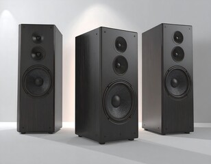 Fototapeta premium Three dark speakers against a white background