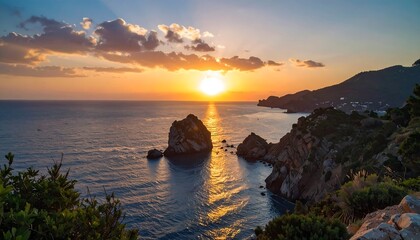 Sunset over a rocky coastline. Golden light reflects on the sea, highlighting the rock formations and distant hills. A few wispy clouds adorn the warm sky. Vegetation in foreground