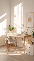 Bright Workspace with Desk and Plants in Cozy Room Environment