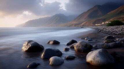 Obraz premium Serene Seascape at Dusk with Rocks and Mountains in the Background