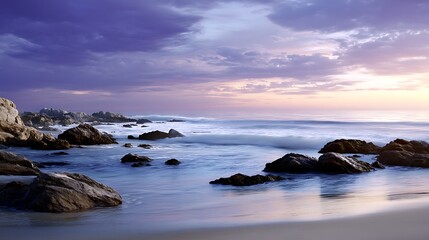 Fototapeta premium Serene Coastal Scene at Dusk with Gentle Waves and Rocky Shoreline