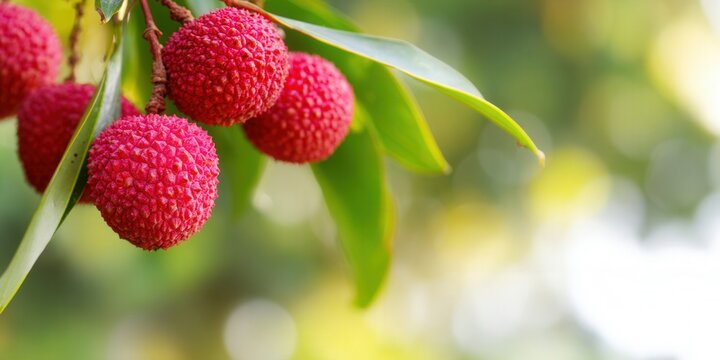 Close-up of delicious, ripe lychees hanging on a tree branch, ready to be picked.