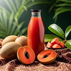 A bottle of rich reddish-orange mamey sapote juice is the centerpiece of a tropical still life, with fresh mamey sapotes, a halved fruit revealing its black seed, and lush green leaves in the backgrou