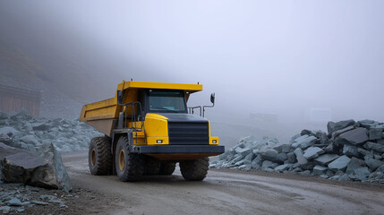Obraz premium Heavy-duty yellow dump truck on a foggy road in a rocky quarry environment. 