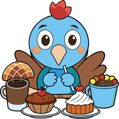 Cute chibi-style turkey eating cookies with candy, pie, and hot chocolate cup.