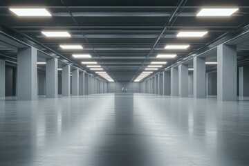 Spacious Industrial Warehouse Interior with Bright Overhead Lighting