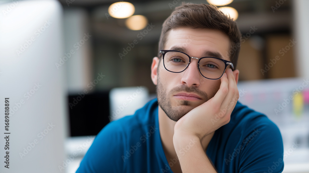 Aufkleber bored young man in glasses resting his face on his hand while sitting at a desk in front of a comput