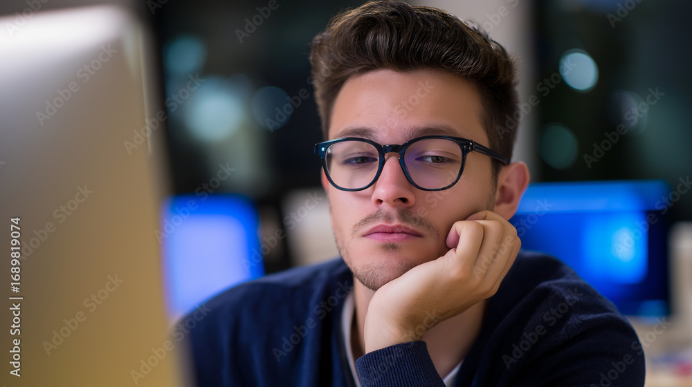 Poster bored young man in glasses resting his face on his hand while sitting at a desk in front of a comput