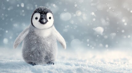 Adorable Penguin Baby Standing in Snow with Falling Snowflakes in Cold Winter Environment