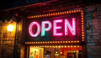 Neon "OPEN" sign on a brick building at night