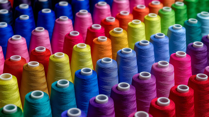 Rows of colorful sewing thread spools in rainbow order, arranged for industrial use.
