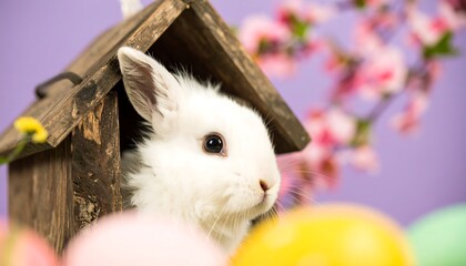 Obraz premium Cute white bunny in wooden house with Easter eggs and flowers