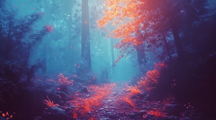 Obraz premium Tranquil Forest Trail with Golden Leaves and Soft Light