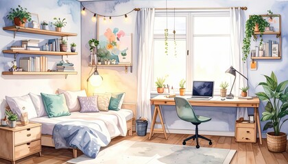 Cozy Workspace with Plants and Natural Light in a Modern Living Room