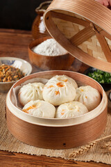 Close-up detail of traditional handmade meat-filled buns, a common nutritious breakfast
