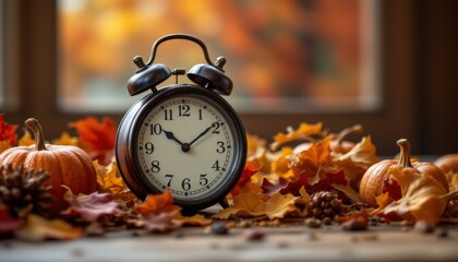 Autumn Time Change with Alarm Clock and Fall Foliage