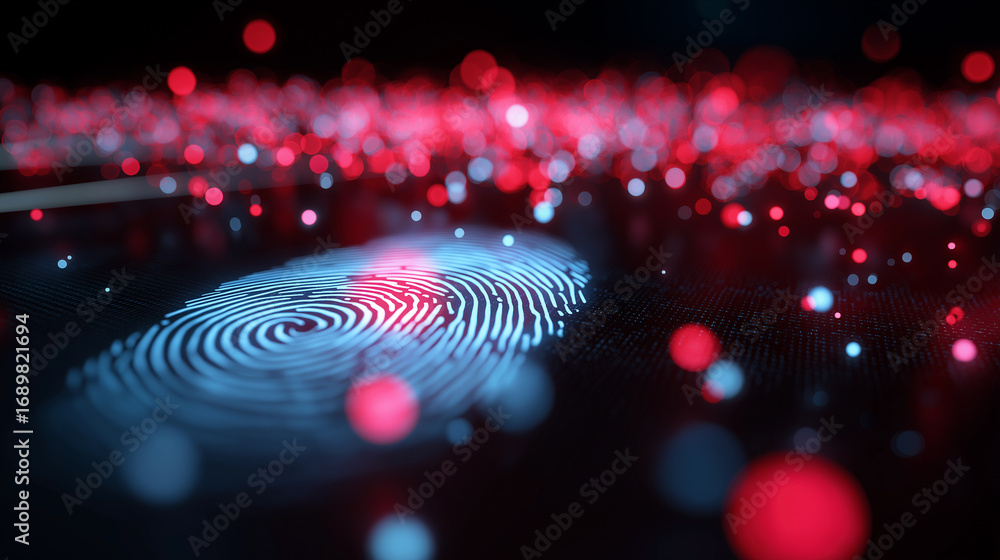 Aufkleber digital fingerprint scanned on a futuristic surface with red and blue particles.