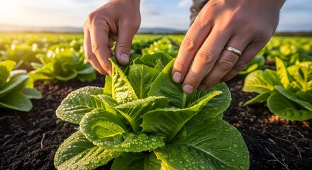 Caring hands of a farmer gently inspecting a fresh head of lettuce growing in a fertile field at sunset