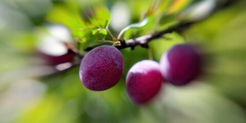 Obraz premium Juicy ripe plums hang on a branch, showcasing natural beauty and freshness.