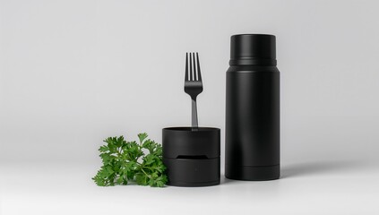 Sleek black thermos container and fork with fresh green salad