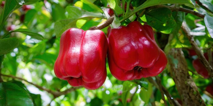 Vibrant red wax apples hang from a tree, ready for harvest. The scene captures the freshness of nature.