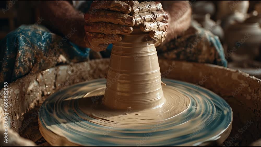 Poster creating unique pottery by hand in a rustic workshop during daylight using traditional techniques an